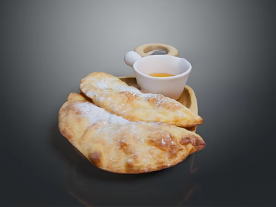 Golden Crispy Pastries With Powdered Sugar On Wooden Tray And Sauce Cup 3d model