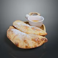 Golden Crispy Pastries With Powdered Sugar On Wooden Tray And Sauce Cup