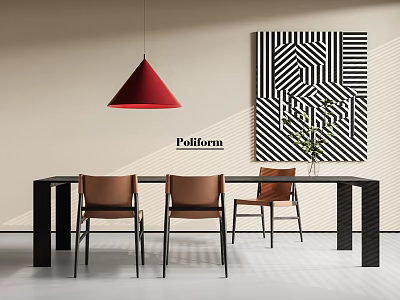 Black Dining Table With Three Brown Chairs Red Pendant Light And Beige Wall Geometric Artwork 3d model