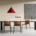 Black Dining Table With Three Brown Chairs Red Pendant Light And Beige Wall Geometric Artwork