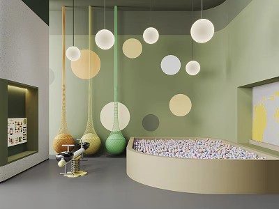 Children's Play Equipment With Colorful Ball Pit Yellow Green Slides And Round Pendant Lights 3d model
