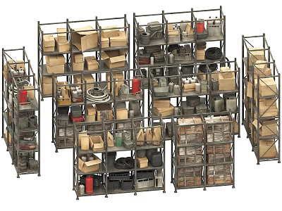 Industrial Equipment Storage With Metal Shelves Holding Boxes Tools And Parts 3d model