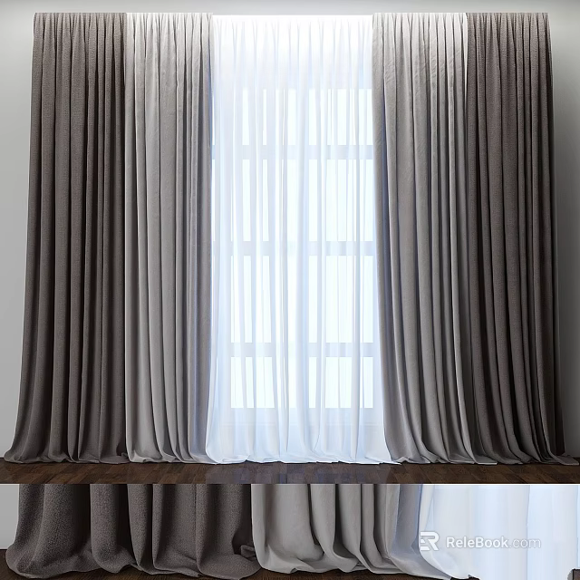 Grey and White Sheer Curtains at Window with Light and Reflection 3d model 