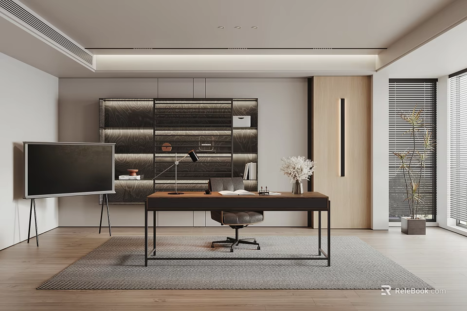 Modern Study Room Interior With Wooden Desk Built in Bookshelf And Decor 3d model 