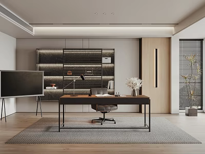 Modern Study Room Interior With Wooden Desk Built in Bookshelf And Decor 3d model