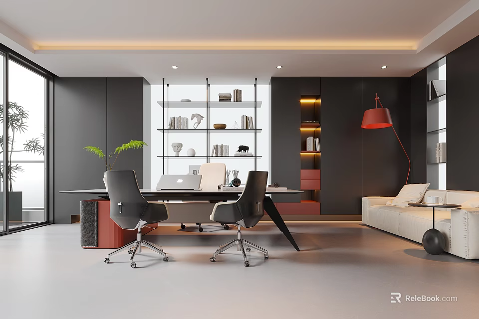 Modern Office Open Concept Interior With Black White Red Bookshelf Sofa Desk Chair Large Windows 3d model 