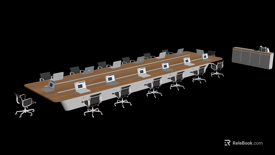 Long Wooden Conference Table With Multiple Laptops And Office Chairs In Meeting Room 3d model 