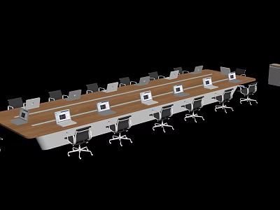 Long Wooden Conference Table With Multiple Laptops And Office Chairs In Meeting Room 3d model