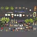 Assorted Home Decor Items With Hanging Plants Fish Specimens And Potted Greenery 3d model