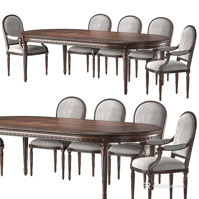Traditional Dark Brown Wooden Oval Dining Table With Upholstered Round Back Chairs Set 3d model 