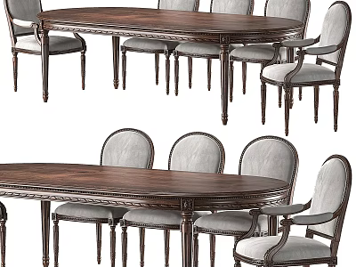 Traditional Dark Brown Wooden Oval Dining Table With Upholstered Round Back Chairs Set 3d model
