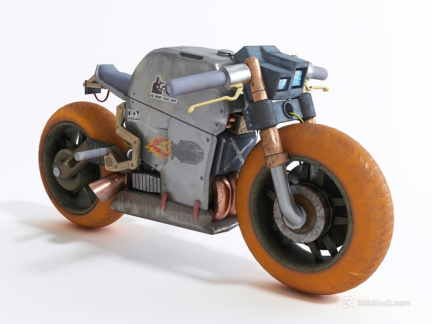 Gray Vintage Industrial Motorcycle With Copper Accents And Orange Wheels 3d model 