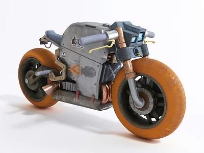 Gray Vintage Industrial Motorcycle With Copper Accents And Orange Wheels 3d model