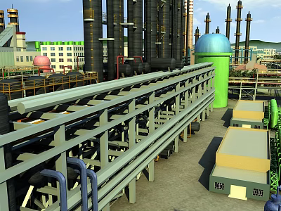 Industrial Plant Featuring Conveyor Belt System Tall Industrial Towers Green Storage Tank And Metal Pipes 3d model