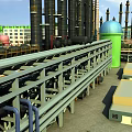 Industrial Plant Featuring Conveyor Belt System Tall Industrial Towers Green Storage Tank And Metal Pipes