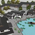 Traditional Chinese Ancient Architecture Complex With Courtyard Waterfront And Surrounding Trees 3d model