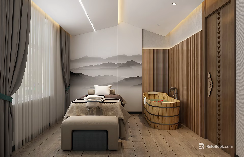 SPA Sauna Room With Massage Bed Wooden Barrel Bathtub And Mountain Landscape Painting 3d model 