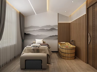 SPA Sauna Room With Massage Bed Wooden Barrel Bathtub And Mountain Landscape Painting 3d model