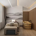 SPA Sauna Room With Massage Bed Wooden Barrel Bathtub And Mountain Landscape Painting
