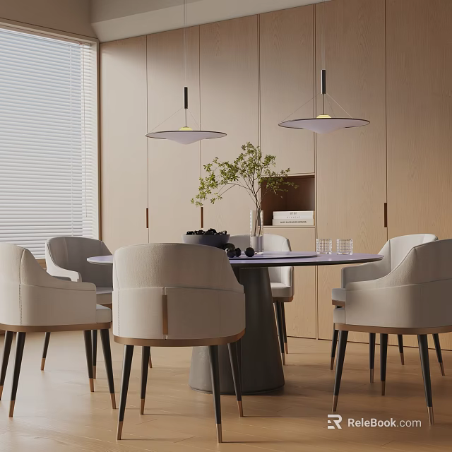 Modern Dining Table Set With Beige Chairs Hanging Pendant Lights And Potted Plant 3d model 