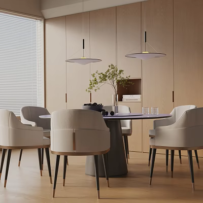 Modern Dining Table Set With Beige Chairs Hanging Pendant Lights And Potted Plant 3d model