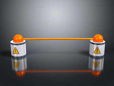 Two White Cylinders With Orange Spheres And Orange Connecting Rod Featuring Warning Signs 3d model