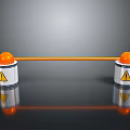 Two White Cylinders With Orange Spheres And Orange Connecting Rod Featuring Warning Signs