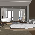Modern Hotel Room With Bed Bathtub Floor to Ceiling Windows and Wooden Decor