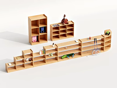 Natural Wood Shelving Units With Multiple Tiers Various Sizes For Home Organization 3d model