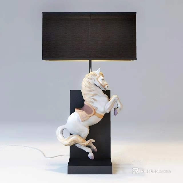 White Horse Sculpture Table Lamp With Black Shade And Base 3d model 