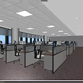 Modern Public Office Space With Cubicles Computers Office Chairs Large Windows And Ceiling Lights
