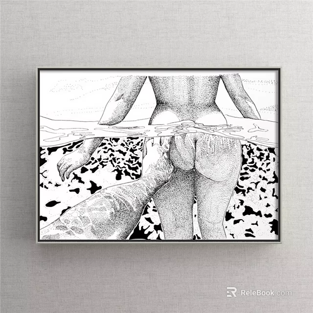 Black and White Line Drawing Female Back Submerged in Water With Seal 3d model 