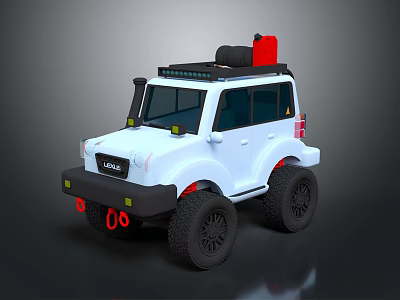 White Off Road Vehicle With Roof Rack And Lights Red Spare Tire Large Black Wheels 3d model