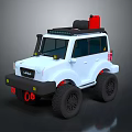 White Off Road Vehicle With Roof Rack And Lights Red Spare Tire Large Black Wheels
