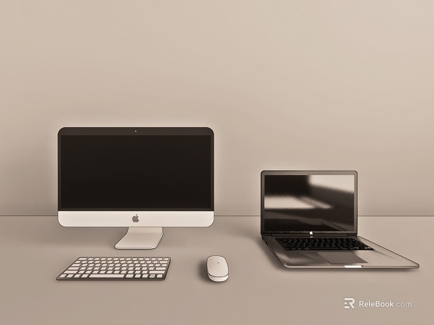 Modern Desktop Computer And Laptop With Keyboard Mouse On Light Background 3d model 