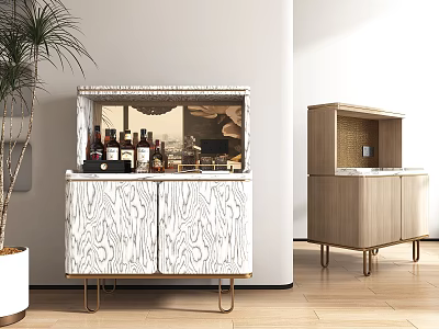 Elegant Wooden Wine Cabinet With Metal Legs Displaying Wine Bottles And Decorations 3d model
