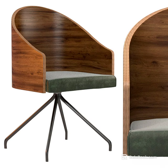 Stylish Single Chair With Wooden Backrest Green Velvet Seat And Metal Tripod Base 3d model 