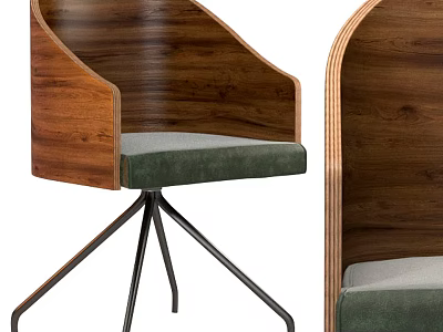 Stylish Single Chair With Wooden Backrest Green Velvet Seat And Metal Tripod Base 3d model