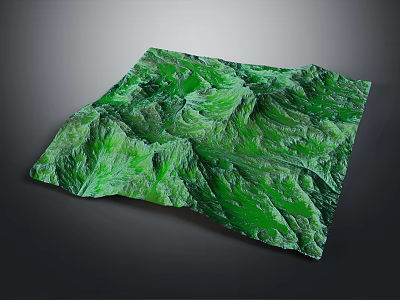 Green 3D Mountain Terrain Model With Textured Surface And Geographical Features 3d model