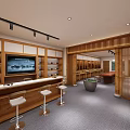 Elegant Tea House Interior With Long Wooden Table And Display Cabinets