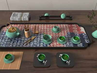 Green Ceramic Tea Set With Teapot Teacups And Patterned Tray Accessories 3d model