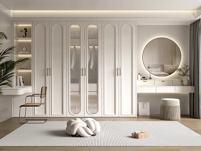 Modern Minimalist White Wardrobe With Glass Doors Dressing Table Round Mirror And Rug 3d model