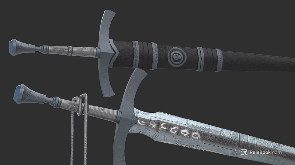 Detailed Medieval Sword With Black Hilt Circular Emblem And Silver Decorative Blade 3d model 