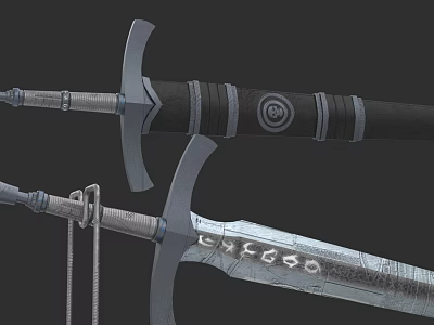 Detailed Medieval Sword With Black Hilt Circular Emblem And Silver Decorative Blade 3d model