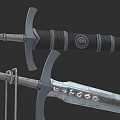 Detailed Medieval Sword With Black Hilt Circular Emblem And Silver Decorative Blade