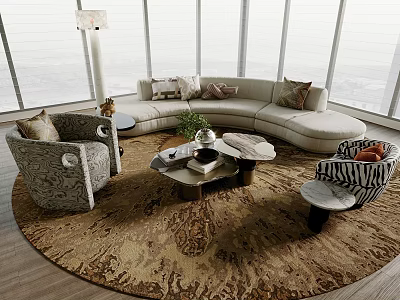 Modern Living Room Curved Light Sofa Round Coffee Table Accent Chairs And Rug 3d model