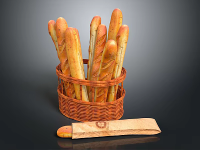 Fresh Baguettes Arranged in Wicker Basket with Decorative Paper Bag 3d model