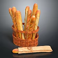 Fresh Baguettes Arranged in Wicker Basket with Decorative Paper Bag