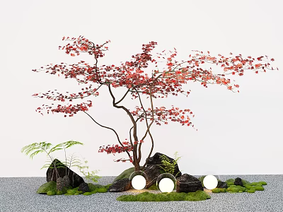 Plant Combination With Red Leaf Tree Ferns Stones Moss And Glowing Lights 3d model