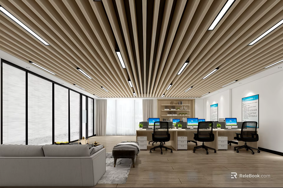 Modern Public Office Space with Wooden Slat Ceiling Large Windows Desks Computers and Sofas 3d model